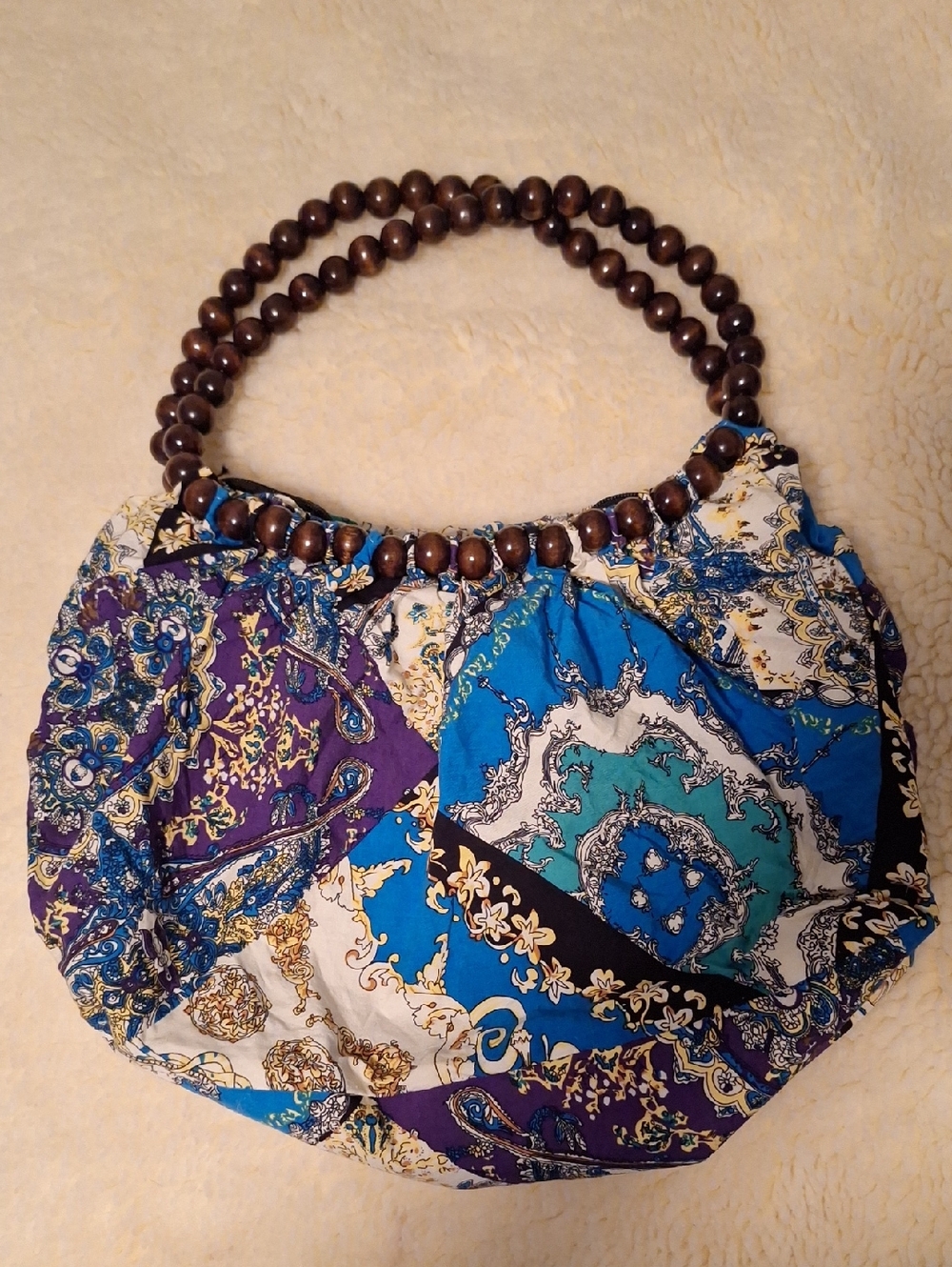 HAND CRAFTED Bohemian Patch work Beaded Handle HAND Bag - Blue & Purple - Picture 14 of 14